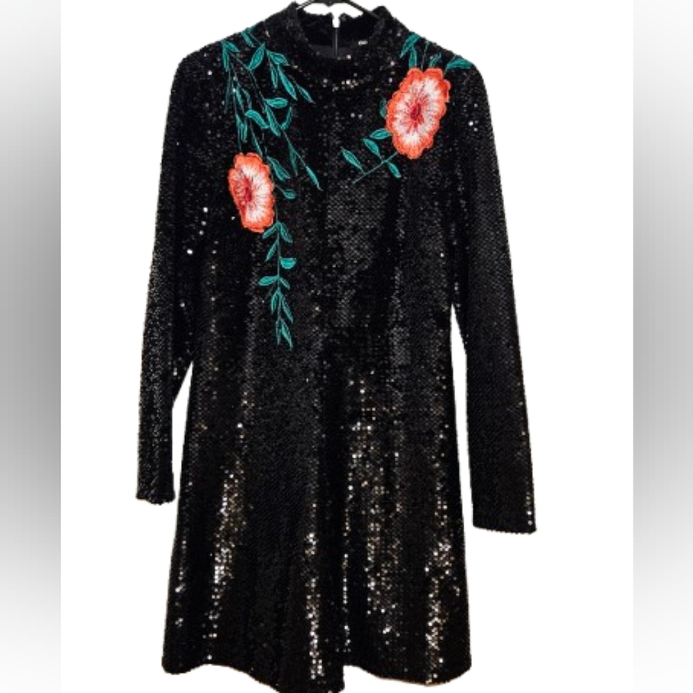 Gianni Bini 0 Talullah Black Sequin Flower Embroidery Long Sleeve Size 12